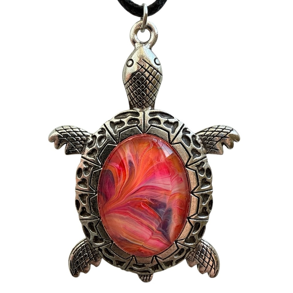 Handmade Sea Turtle Pendant Necklace Red Orange Fluid Art 20” Cord